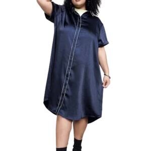WILDFANG Empower Satin Shirt Dress Blue Green Stripe M NWT $118